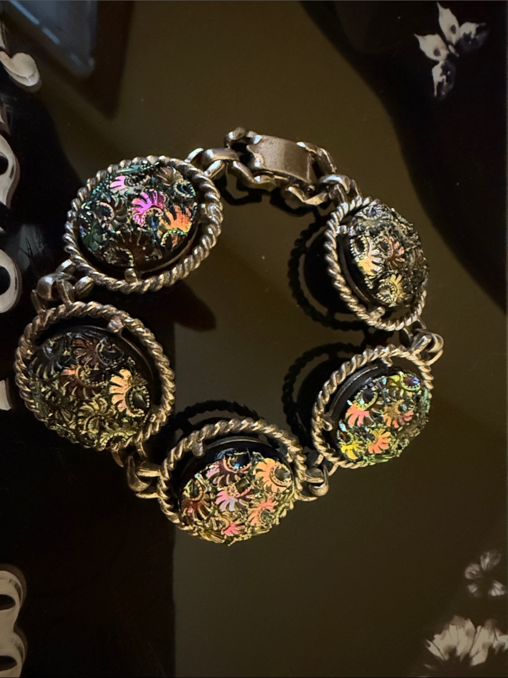 Sarah Coventry Iridescent Floral Cabochon Bracelet in Pink, Green & Gold
